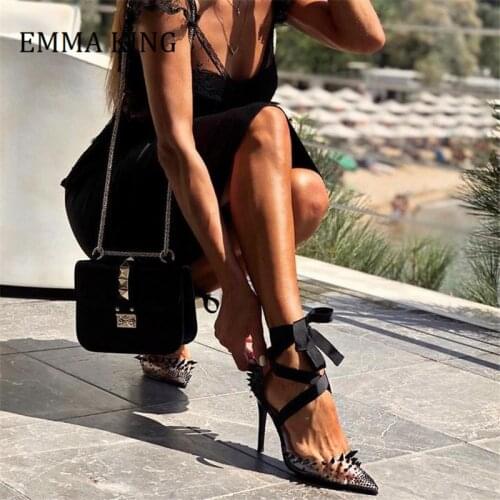 Women Clear PVC Pumps Sexy Black Spike Studded Thin Heels Ribbon Ankle Wrapped Stiletto Pointed Toe Dress Party Zapatos de Mujer
