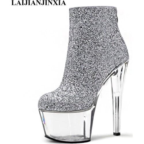 LAIJIANJINXIA New Silver Dance Boots 17 cm High Heels ZIP Womens Boots Sexy Ankle Boots Party Model Catwalk Pole Dancing Shoes