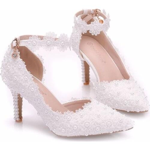 Women Pumps Wedding Dress Shoes Lace Hollow Pointed Toe Thin Heels 7.8CM Buckle Strap Delicate Sweet Rhinestone High Heel Shoes