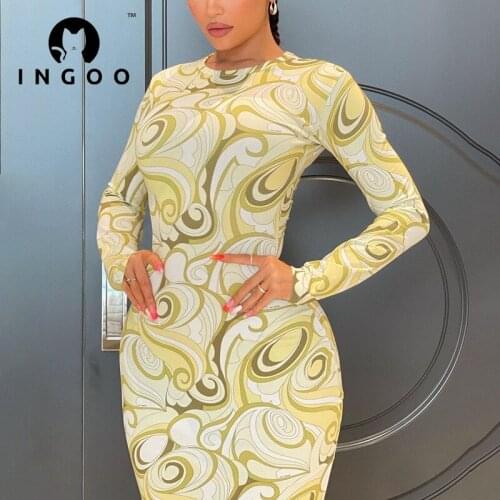 INGOO Pary Night Printing Long Sleeve Dress Women 2021 Sexy Fashion Colorful Ankle Length Bodycon Dresses Lady Club Vestido