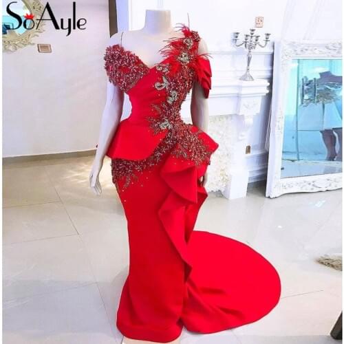 SoAyle Elegant Evening Dress Plus size 2019 Mermaid Prom Dresses Feathers Birthday Prom Party Gown Red Long Vesidos De Festa