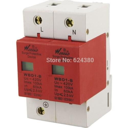 2P 2 Pole 100KA 385V AC House Power Security Surge Protector Protection Lightning Arrester Device