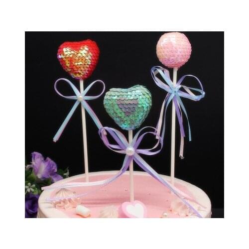 5pc/Lot Round Ball Sequin Cake Toppers Heart Shape Wishing Stick Princess Birthday Cupcake Toppers Party Supplies Decorations