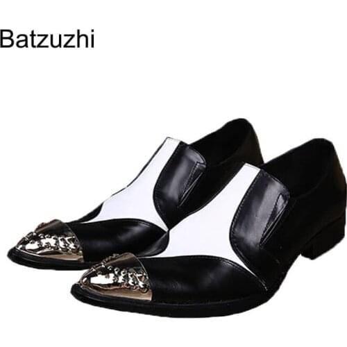 Batzuzhi Italian Style Luxury Black White Man Leather Shoes Pointed Metal Toe Leather Business Mens Shoes Casual Zapatos Hombre