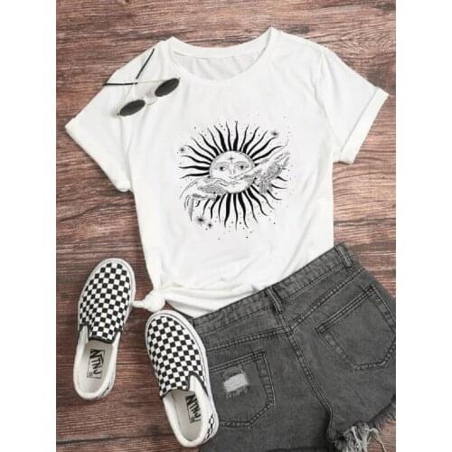 Round Neck Sun Hands Sun And Moon Print Beige T-Shirt Vintage Fashion Grunge Style Tee Aesthetic Shirt