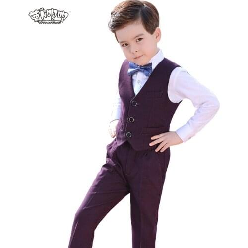 Flower Boys Brand Formal School Suit Wedding Birthday Dress Gentleman Kids Waistcoat Shirt Pant Bowtie 4Pcs ceremony Costume N73
