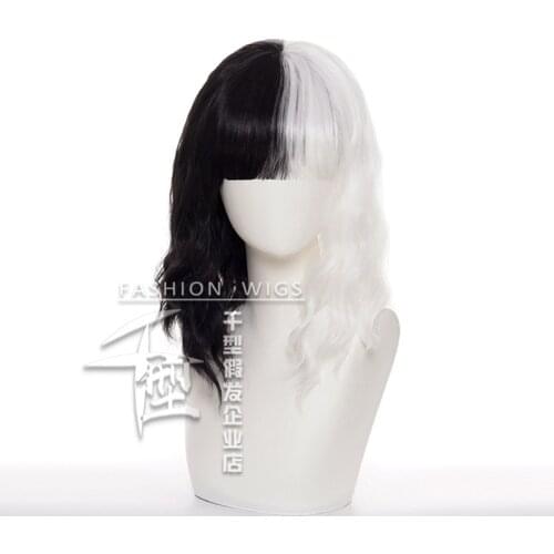 Cruella Deville Wigs for Women Kids 13'' Short Curly Wavy Bob Hair Wig with Bangs Black White Wigs for Cruella Costume