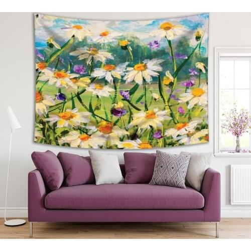 Tapestry Daisy Flowers and Butterflies Nature Cloudy Sky Summer Meadow Oil Painting Art Printed Green Yellow Blue