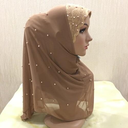 H1334 latest two layers net fabric muslim hijab with beads islamic amira muslim scarf arabic headwrap