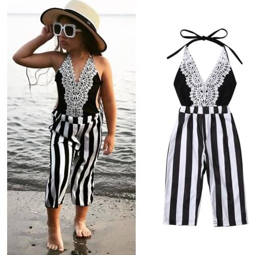 1-6Y Summer Fashion Kids Girls Overalls Jumpsuits Lace Flowers Striped Printed Strap Sleeveless V Neck Rompers