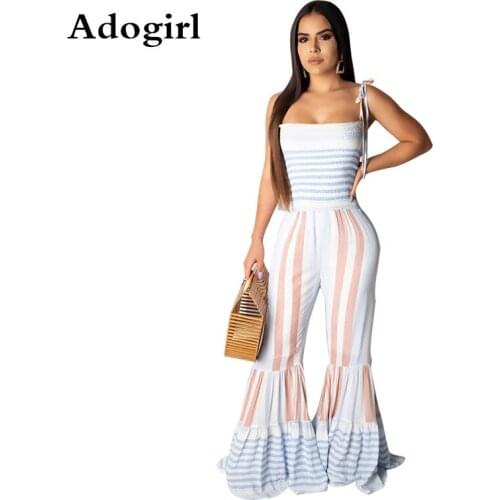Colorful Stripe Pattern Jumpsuit Spaghetti Straps High Waist Loose Flare Pants Sleeveless Bandage Draped Long Boot Cut Playsuit