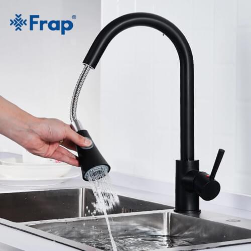 Frap Brass Matte Black Kitchen Sink Faucet Single Handle Taps Pull Out Sprayer Two Ways Spout Kitchen Hot and Cold Water Y40074