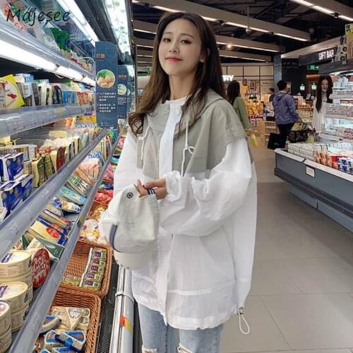 Basic Jackets Women Sunshine Protection Clothing Patchwork Drop-shoulder Zipper Hooded Loose Harajuku BF Outwear Coats Students