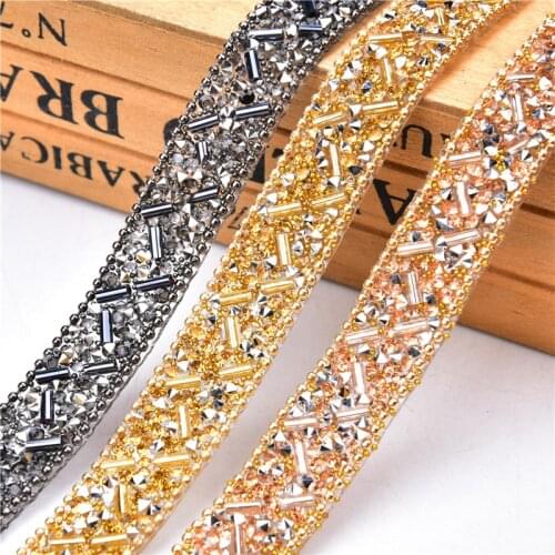 Hot-Fix Tape 1.5Cm Width 5Yards/Lot Gold Rhinestone Chain Stone Cake Ribbon Trimming Wedding Decoration For Shoes Accessories