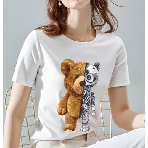 Summer Fashion New Womens Simple T-shirt Slim Top All-match 3D Printing Teddy Bear Pattern Series Ladies T-shirt Short Sleeve