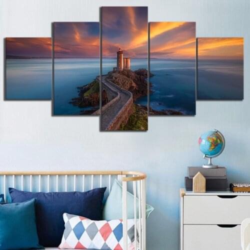 Modular Hd Prints Pictures Home Decoration 5 Panel France Brittany Lighthouse Seascape Painting Canvas Poster Wall Art Framework