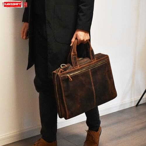Genuine Leather Men Handbag 15.6-inch Computer Bag Male Briefcase Retro Laptop Shoulder Bag Large-capacity Messenger Bags