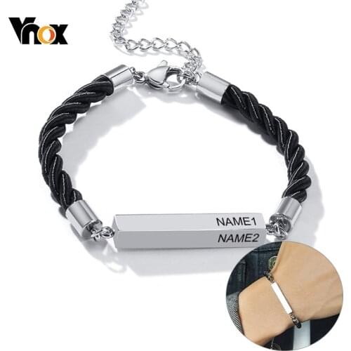 Vnox Casual Personalize Custom Cube Bar Charm Bracelets for Men with Adjustable Black Braided Rope Chain Male Jewelry