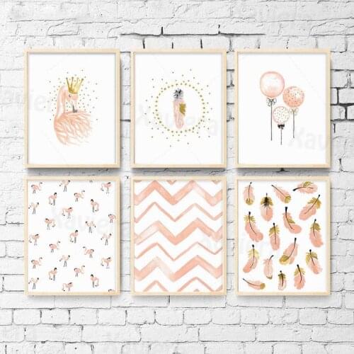 Nursery Wall Art Girl Bedroom Decoration Cartoon Painting Flamingo Feather Abstract Line Canvas Poster and Print Mural Wall