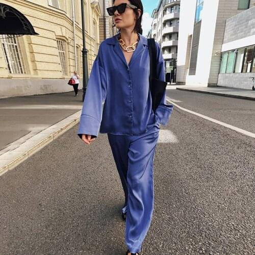 New Women Two Piece Sets Long Sleeve V Neck Shirt Tops Wide Leg Pants Female Sexy Two Piece Pants Set Suit High Street Wear