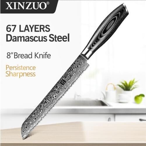 XINZUO 8" inch Bread Knife 67 layers Damascus Stainless Steel Kitchen Knife High Quality VG10 Cake Knife With Pakka Wood Handle