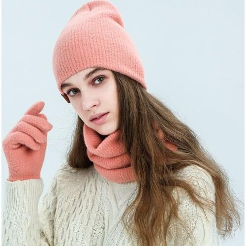 2020 Autumn Winter Female knitted scarf hat gloves Set Imitation mink Warm Hats Black Pink Blue Orange Red Scarfs For Women