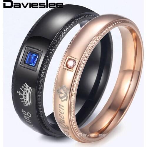 Davieslee Engagement Rings for Women Men Blue Rose CZ Engraved Queen King Stainless Steel Couples Ring Wedding Band Lover LKRM39