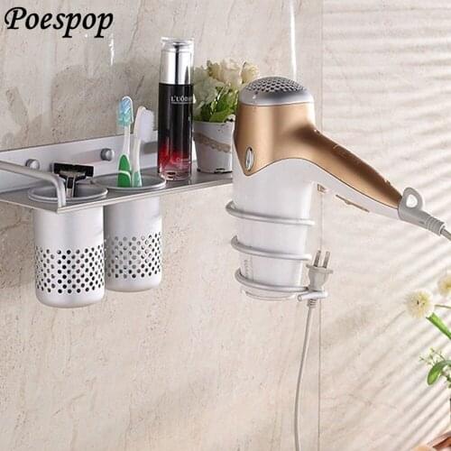 POSEPOP Aluminum Multinational Wall mount Sturdy Hair Dryer Shelf Storage Holder Wall Hanger Bathroom Accessories with 2 Cups
