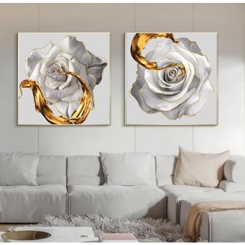 Nordic White Floral Gold Paint Splash Canvas Painting No Frame Abstract Posters And Prints For Living Room Home Decoration