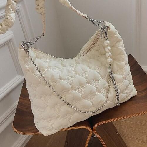 Casual Designer Womens Black Bag Pearl Chain Crossbody Bags Pure Color Down Feather Female Handbags Retro Simple Shoulder Bags