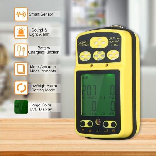 Professional SMART SENSOR ST8990 Gas Monitor Rechargeable 4in1 O₂ LEL CO H₂S Gas Detector Tester Sensor with Backlight Alarm