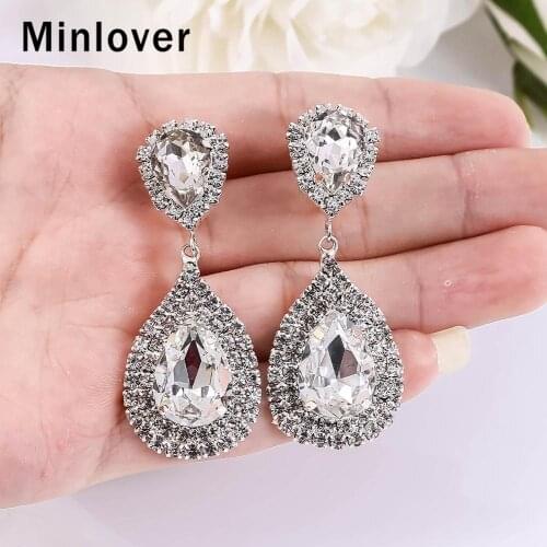 Minlover Luxury Silver Color Teardrop Crystal Clip Earring without Piercing for Women No Ear Hole Ear Clip Wedding Jewelry EH003