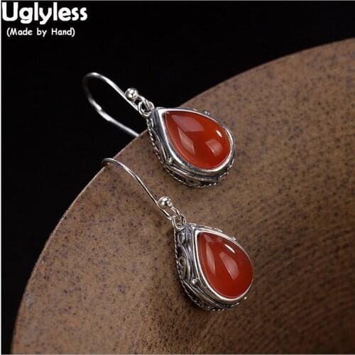 Uglyless Real 925 Sterling Silver Ethnic Water Drop Earrings for Women Thai Silver Earrings Fine Jewelry Agate Brincos Bijoux