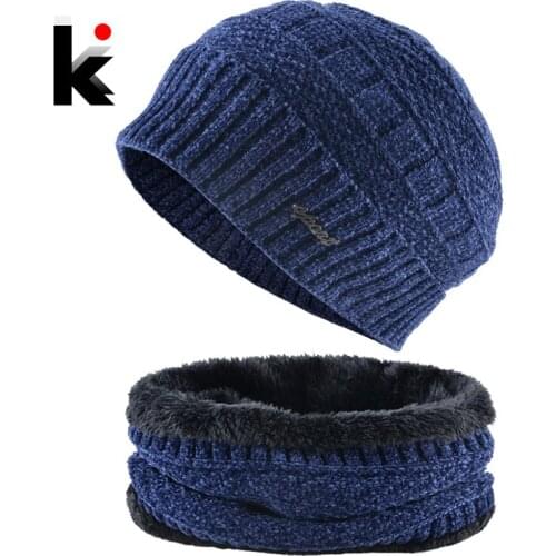 Winter Skullies Beanies Men Knitted Hats Scarf Set Warm Mask Gorras Bonnet Outdoor Thick Sport Ski Caps Knit Solid Velvet Beanie
