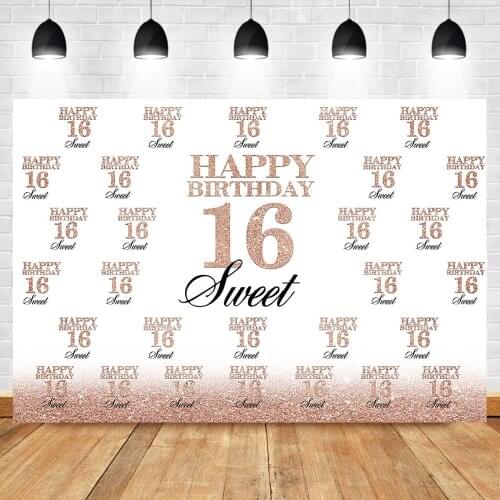 Sweet 16th Birthday Backdrop Rose Gold Sixteen Birthday Party Banner Photo Background Repeat Steps Dessert Table Decorate Props