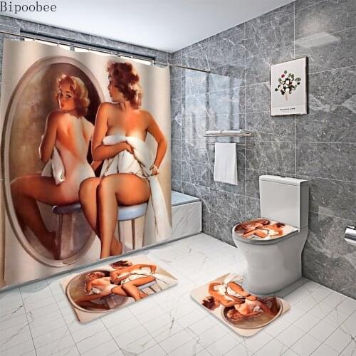 Bipoobee Africa Woman Sexy Girl Shower Curtain Lady Mirror Bathroom Curtains Anti-slip Rug Carpet Toilet Seat Cover Bath Mat Set