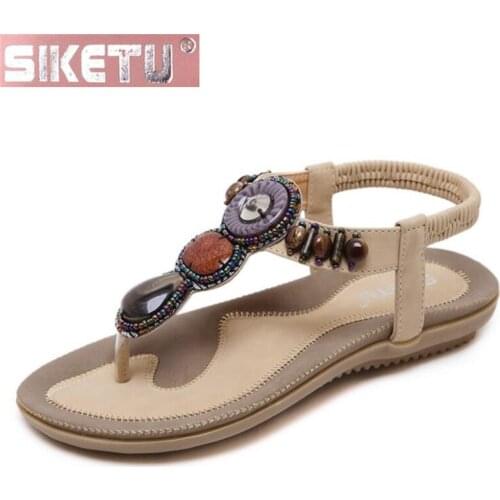 SIKETU shoes woman flat sandals PU Bohemia Elastic band flip flops flat summer women shoes Pink black apricot red