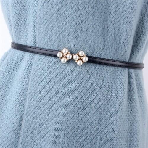 Women Fashion pearl flower buckle Belts HOT Adjustable thin Waistband dress Decorative cummerbunds narrow black Pu leather gifts