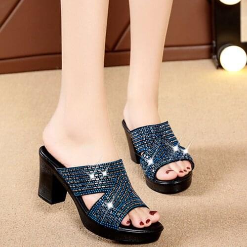 Womens High Heels 6.5cm Slippers Pu Leather Bling Crystal Mules Talons Feminino Ladies Elegant Platform Open Toe Slides Shoes