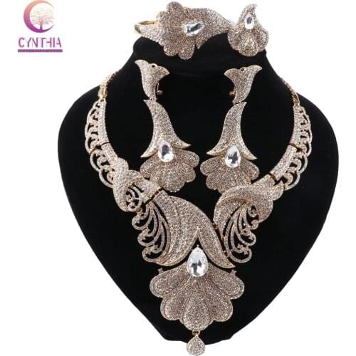 CYNTHIA Dubai Fashion Jewelry Sets Bride Necklace Flower Shape Crystal Earrings Ring Charm Women Bracelet Jewelry for Women