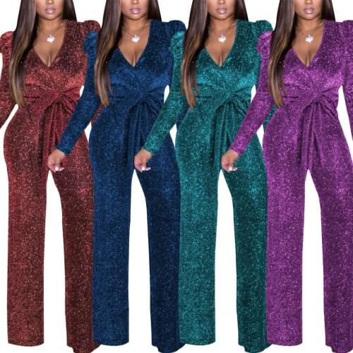 VAZN new design bandage lady solid high street formal women jumpsuit long sleeve long pant jumpsuits sexy club wind rompers