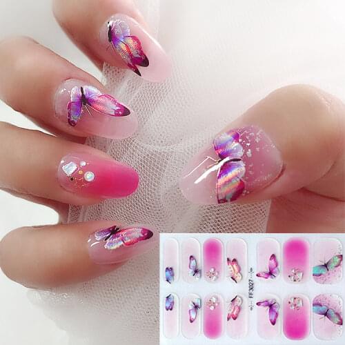 1Sheet Holographic Butterflies Nail Art Manicure Stickers Full Cover 3D Rhinestone Tips Decal Adhesive Sliders Nail Decoration