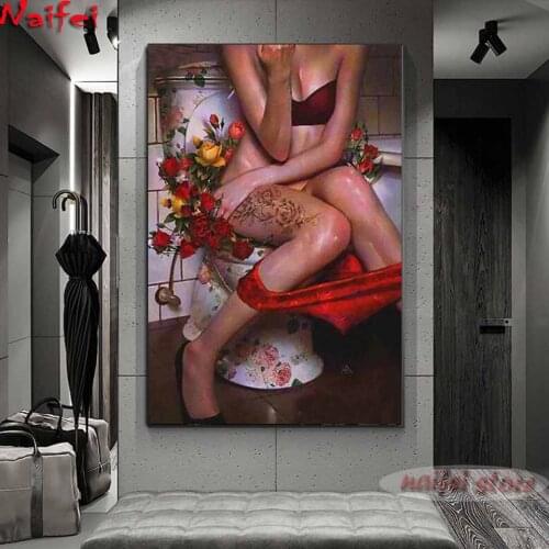 5D DIY Diamond Painting Full Square/Round Drill "Toilet Woman"Embroidery Cross Stitch Diamond Mosaic 5D Home Bathroom Decor Gift