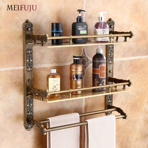 MEIFUJU Aluminum Bathroom Shelf Black Gold Bathroom Shelves Rack with Swivel Hooks Dual Tier Wall Mounted Antique Corner Shelves