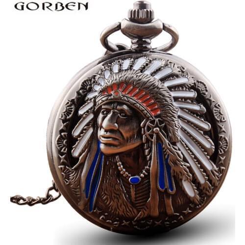 Antique Retro Indian People Copper Quartz Pocket Watch Chain Bronze Fob Watches for Men Gift Relogio De Bolso