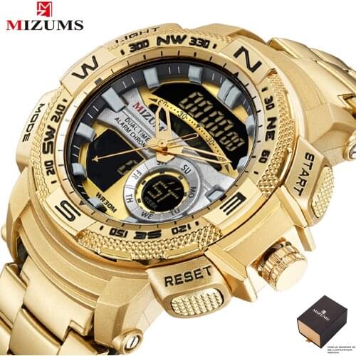 Fashion Mens Watches Gold Stainelss Steel Chronograph Quartz Watch Men Waterproof LED Digital Sports Relogio Masculino Droship