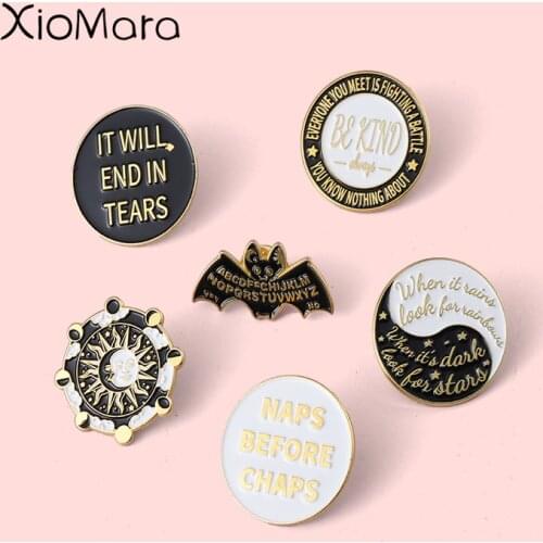 Black And White Tai Chi Enamel Pins Badge Bat Sun Round Yin Yang Wizard Brooches Lapel Pins Punk Gothic Bagua Jewelry Wholesale