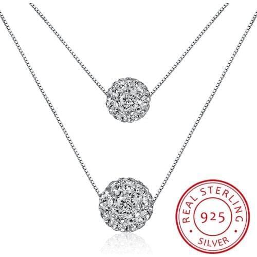 925 Sterling Silver 8mm and 10mm Shiny Crystal Ball Choker Statement Necklace For Women Double Layer Pendant & Necklace