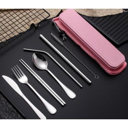 Stainless Steel Flatware Set Portable Cutlery Set For Outdoor Travel Picnic Dinnerware Set Metal Straw With Box And Bag Kitchen