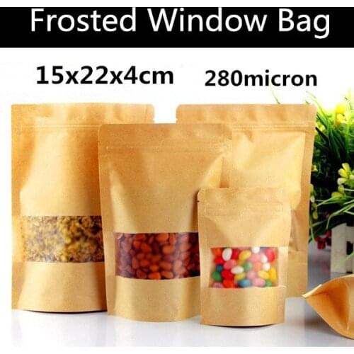 Wholesale 100pcs 15x22+4cm 280micron Kraft Paper Matt Window Bag Frosted Window Paper Ziplock Storage Bags